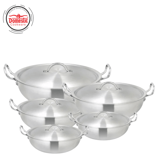 Set of Metal Finish Wok Majestic Cookware with lids, showcasing durable design and elegant finish.